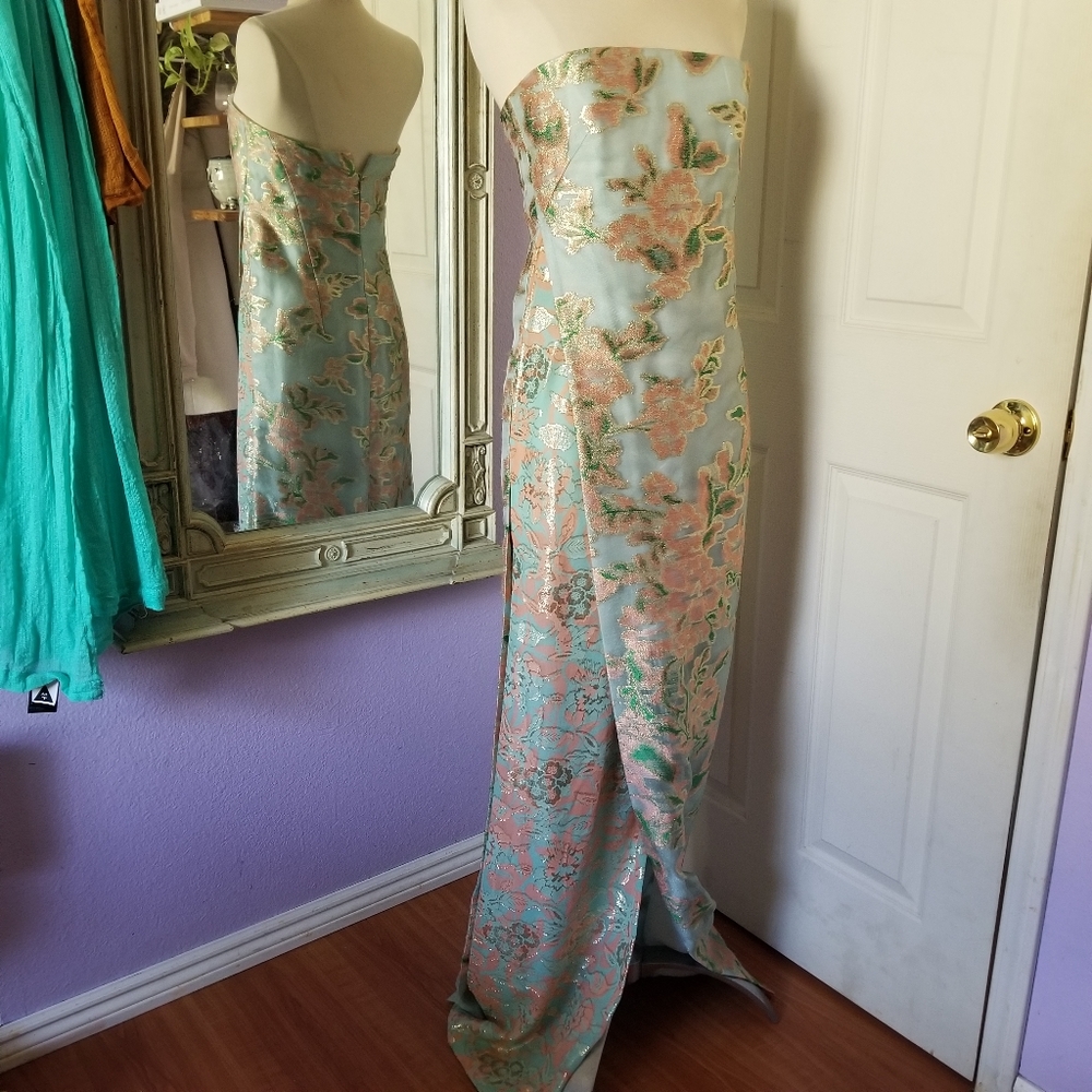 Tory Burch Pink & Blue Brocade Mix Print Gown